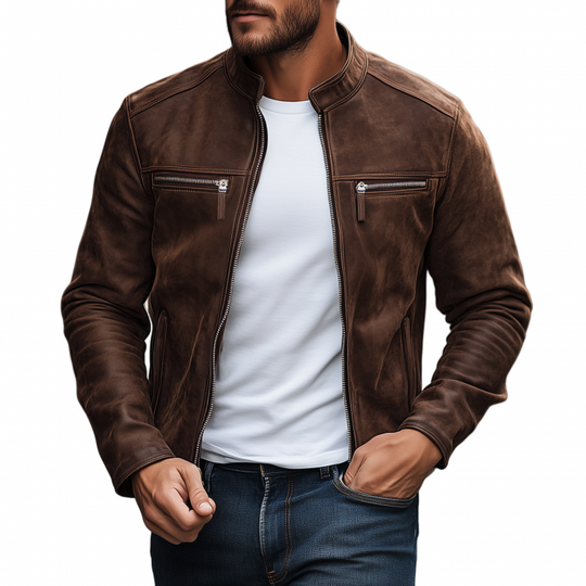 Men's Vintage Matte Faux Leather Stand Collar Zipper Placket Zipper Pocket Slim Fit Jacket DTT25081203