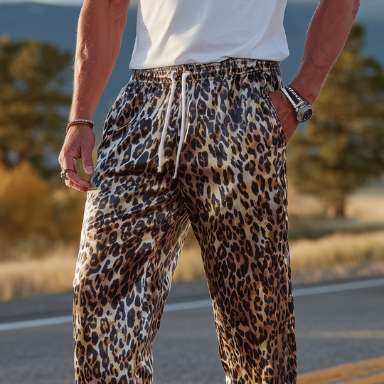 Men's Fashion Casual Leopard Print Satin Elastic Waist Loose Pants DTT25071709
