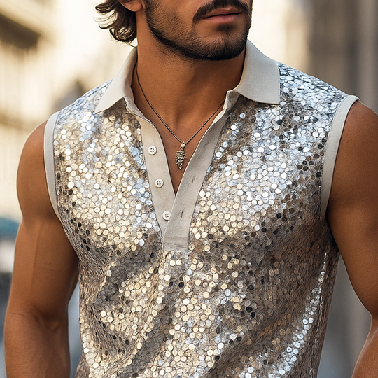 Men's Sequin Lapel Sleeveless Tank Top DTT25062718