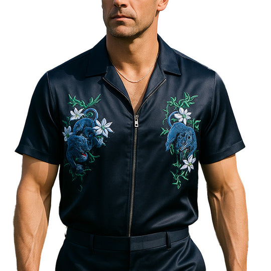 Men's Summer Fashion Satin Embroidery Short Sleeve Zipper Shirt DTT25060404