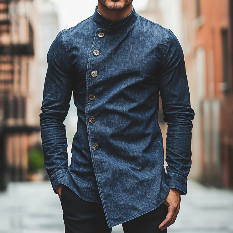 Men's Retro Casual Denim Stand Collar Slim Fit Long Sleeve Shirt 9903251554488