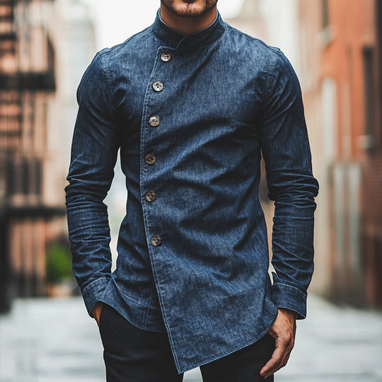 Men's Retro Casual Denim Stand Collar Slim Fit Long Sleeve Shirt 9903251554488