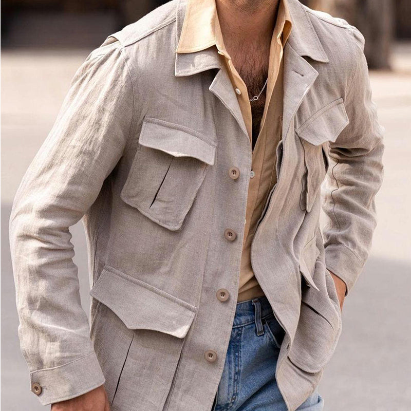 Men's Cotton and Linen Casual Multi-pocket Blazer 9893975851192