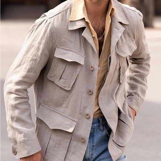 Men's Cotton and Linen Casual Multi-pocket Blazer 9893975851192