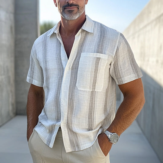 Men's Casual Vertical Striped Cotton and Linen Short-sleeved Shirt DTT25061208