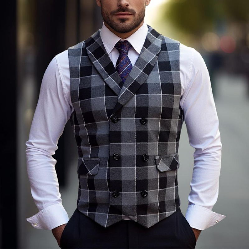 Men's Vintage Checkered Lapel Double-breasted Vest (shirt Not Included) 9906104172728