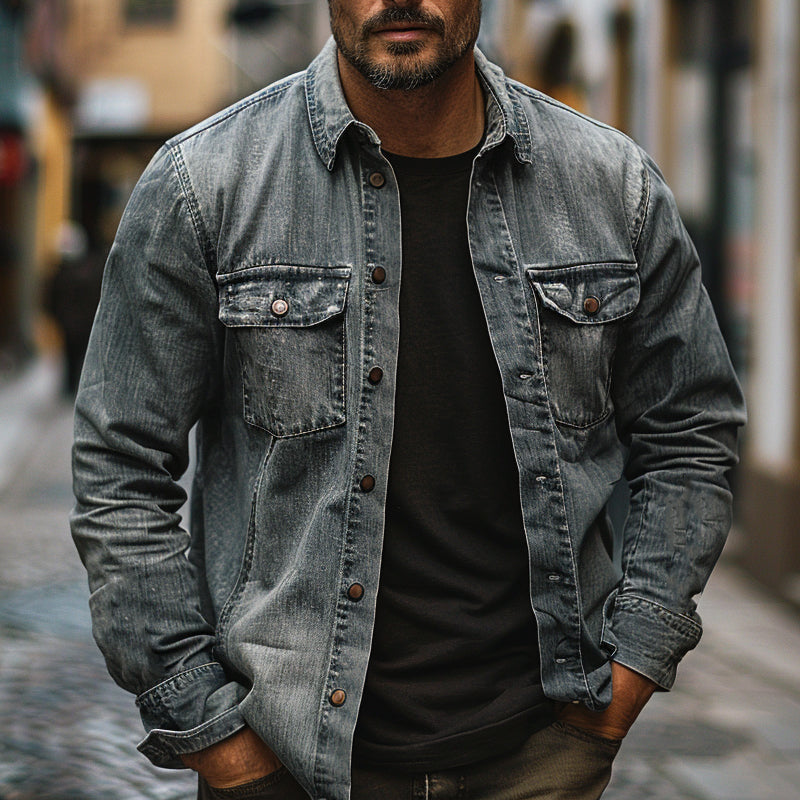 Men's Vintage Single Breasted Lapel Denim Long Sleeve Shirt 9894195101880
