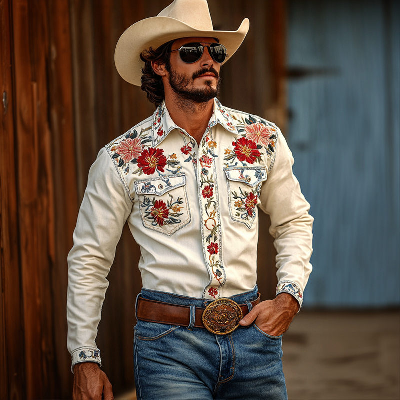 Men's Western Cowboy Style Embroidered Lapel Chest Pocket Long Sleeve Cotton Shirt 9905398579384