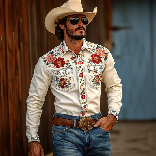 Men's Western Cowboy Style Embroidered Lapel Chest Pocket Long Sleeve Cotton Shirt 9905398579384