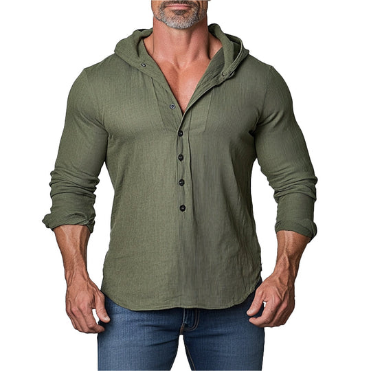 Men's Casual Solid Half Button Long Sleeve Hooded Shirt 9903587360952