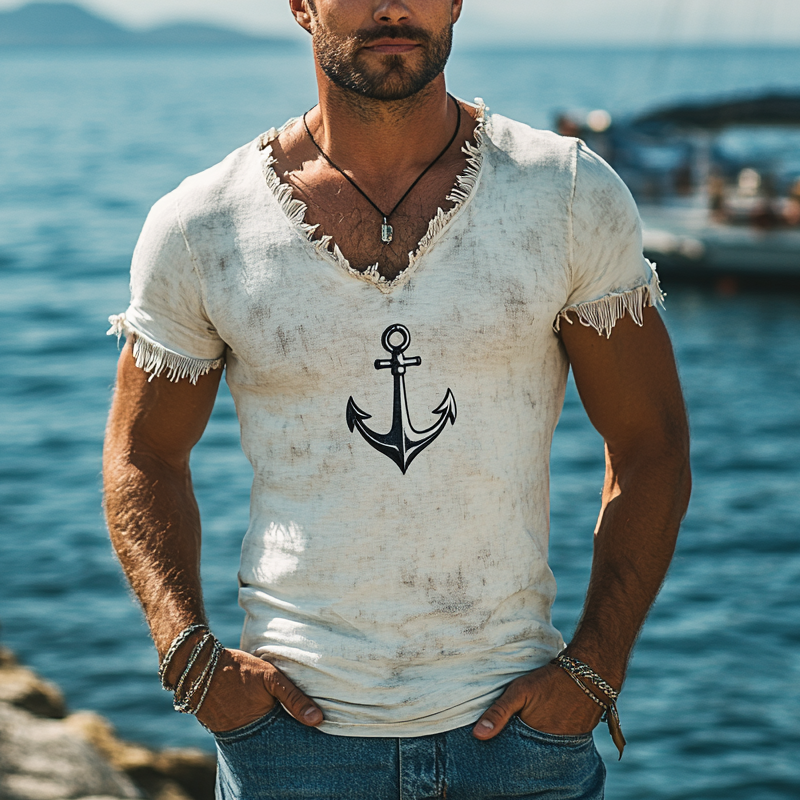 Men's Retro Printed Tassel V-Neck Short Sleeve T-Shirt DTT25062507