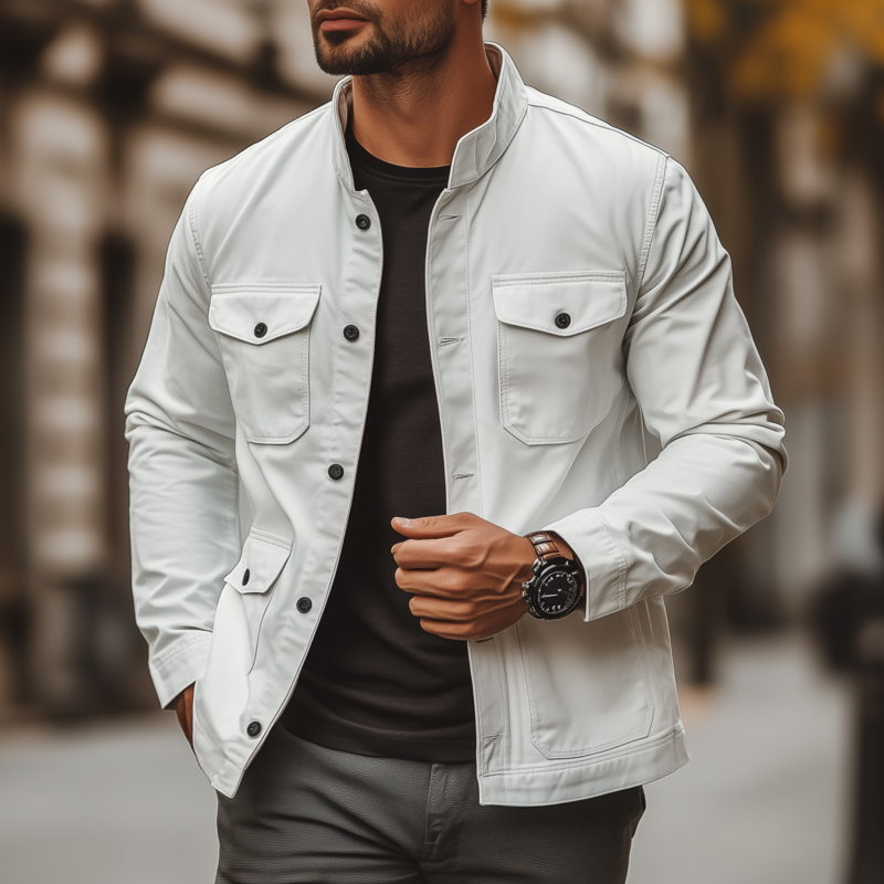 Men's Casual Outdoor Solid Color Breathable Cotton Stand Collar Single Breasted Multi-Pocket Workwear Jacket DTT25073101