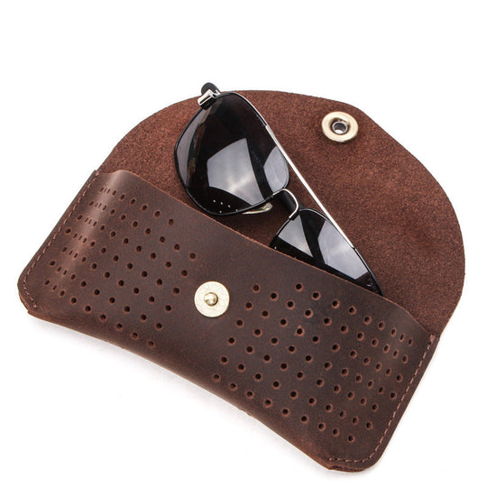 Men's Portable Top Layer Cowhide Hollow Glasses Storage Bag 9901318602936