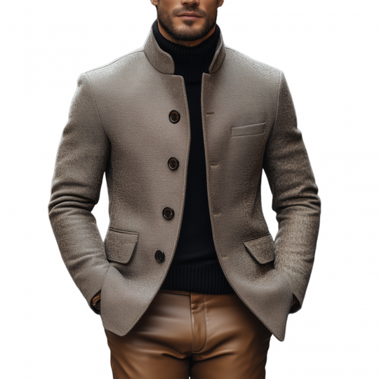 Men's Vintage Wool Blend Stand Collar Single-breasted Slim Fit Warm Blazer DTT25082206
