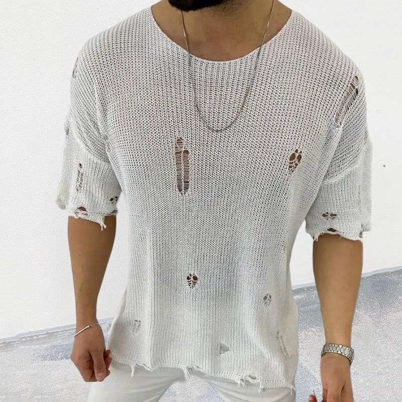 Men's Spring and Summer Fashion Casual Ripped Knitted Long Sleeve T-shirt 9922015822008