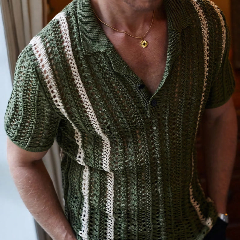 Men's Vintage Green Hollow Knitted Polo Neck T-Shirt 9922016673976