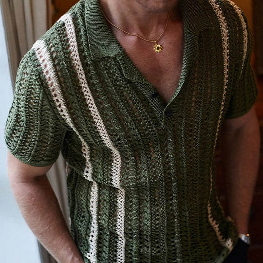 Men's Vintage Green Hollow Knitted Polo Neck T-Shirt 9922016673976