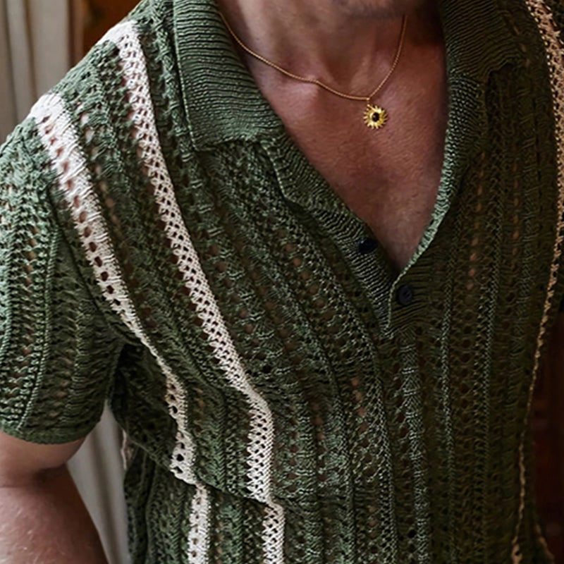 Men's Vintage Green Hollow Knitted Polo Neck T-Shirt 9922016673976