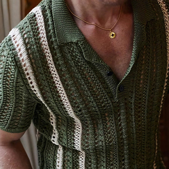 Men's Vintage Green Hollow Knitted Polo Neck T-Shirt 9922016673976