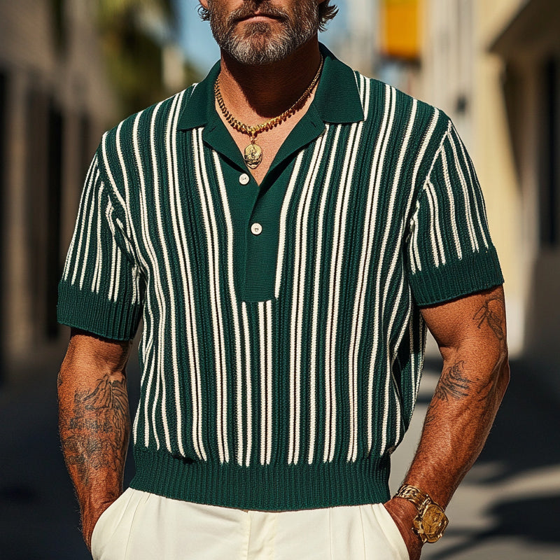 Men's Retro Green Vertical Striped Knitted T-Shirt 9922016739512