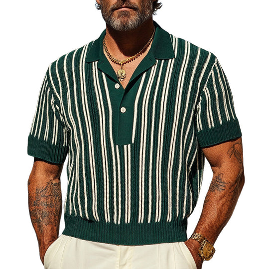Men's Retro Green Vertical Striped Knitted T-Shirt 9922016739512