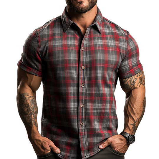Men's Retro Casual Plaid Print Lapel Short Sleeve Shirt 9922014904504