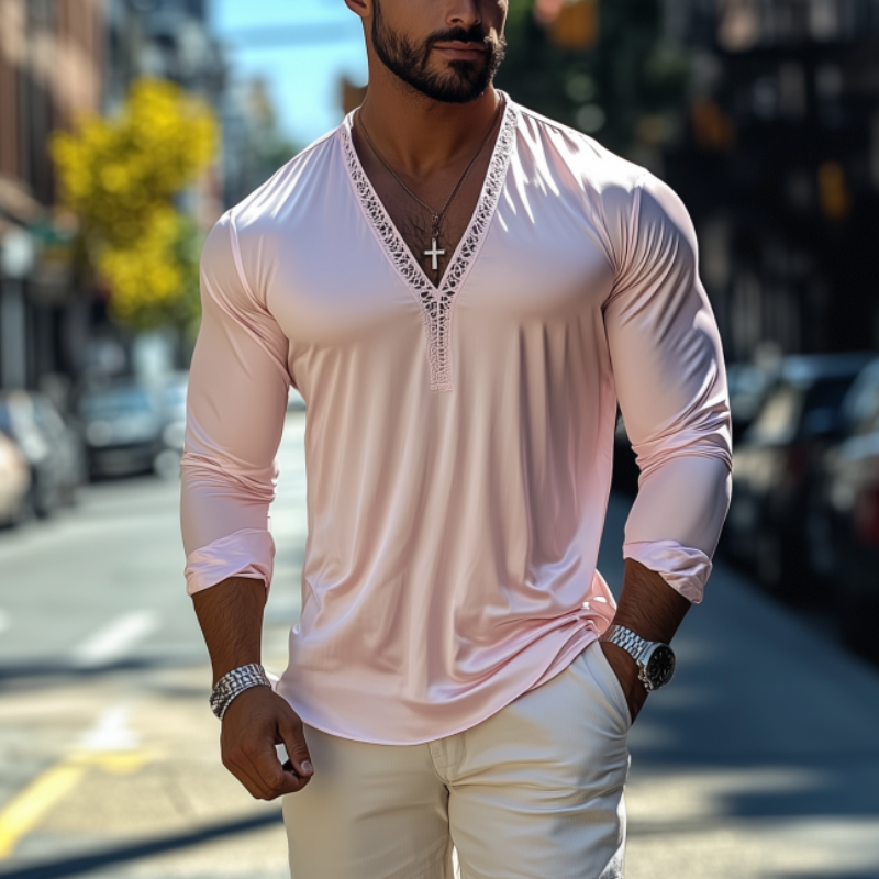 Men's Fashion Casual Sexy Lace and Satin Splicing Deep V Neck Long Sleeve T-Shirt 9922016313528