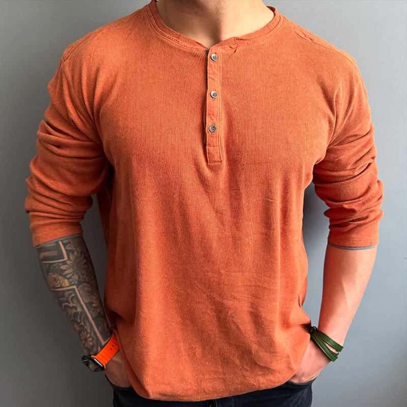 Men's Retro Casual Solid Color Henley Neck Long Sleeve T-Shirt 9922015035576