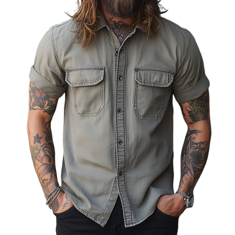 Men's Retro Casual Washed Lapel Pocket Short Sleeve Shirt 9922015133880
