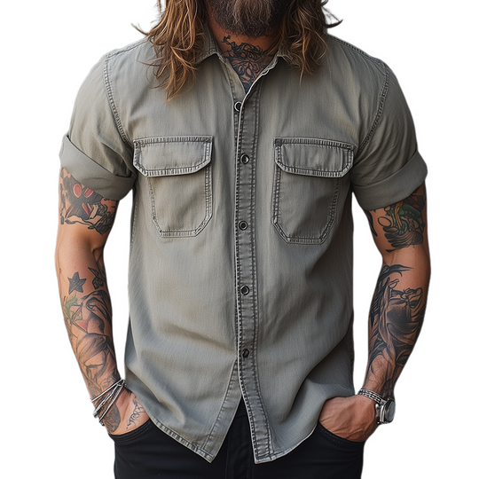 Men's Retro Casual Washed Lapel Pocket Short Sleeve Shirt 9922015133880