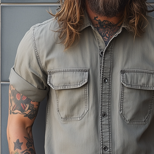Men's Retro Casual Washed Lapel Pocket Short Sleeve Shirt 9922015133880
