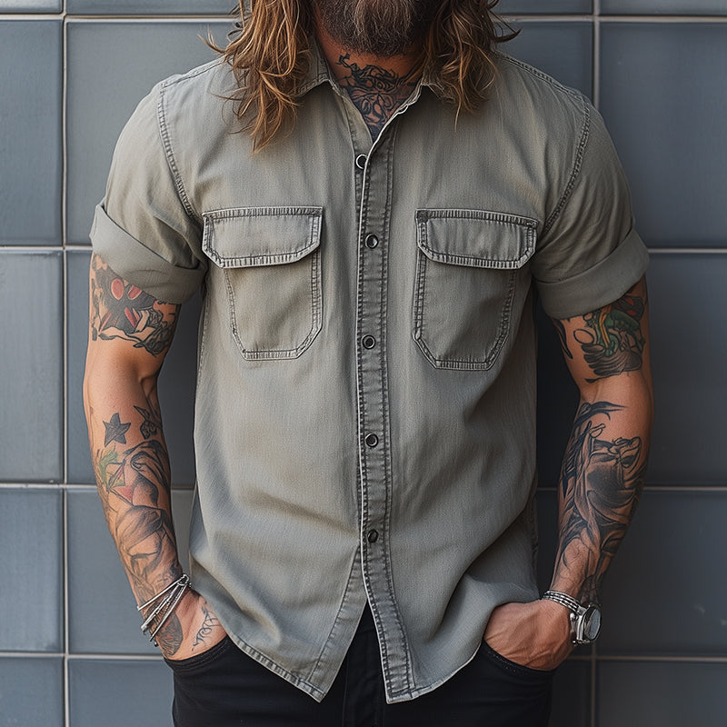 Men's Retro Casual Washed Lapel Pocket Short Sleeve Shirt 9922015133880
