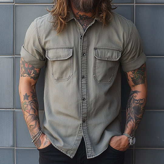 Men's Retro Casual Washed Lapel Pocket Short Sleeve Shirt 9922015133880