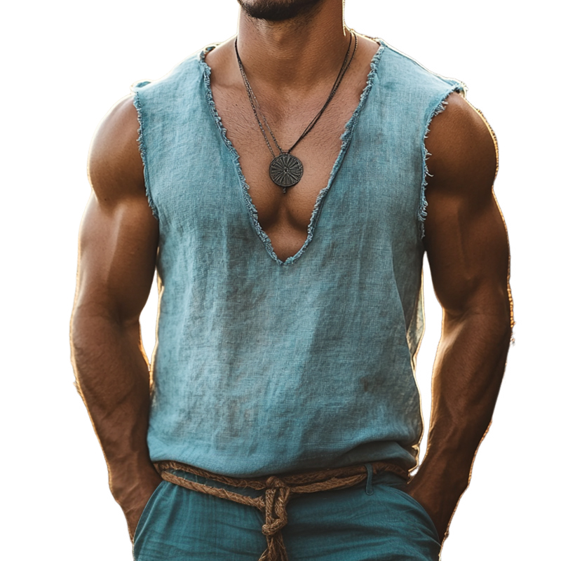 Men's Retro Casual Linen Ripped V-Neck Tank Top 9922015166648
