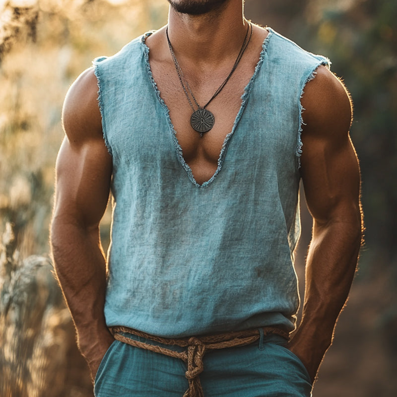 Men's Retro Casual Linen Ripped V-Neck Tank Top 9922015166648