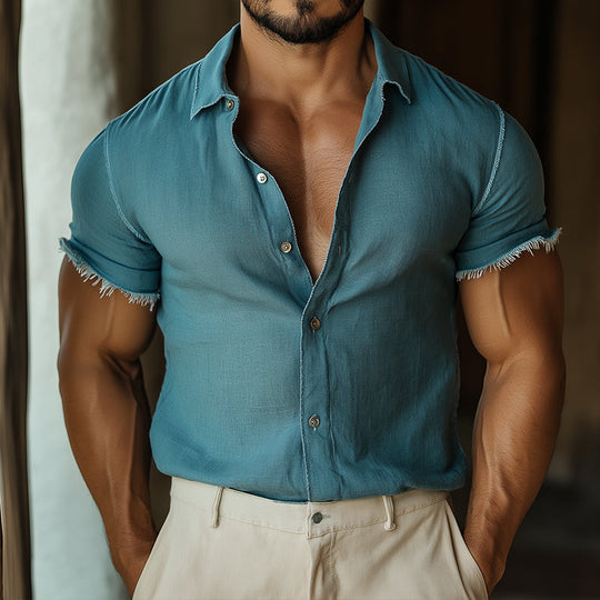 Men's Retro Casual Ripped Lapel Short Sleeve Shirt 9922015232184