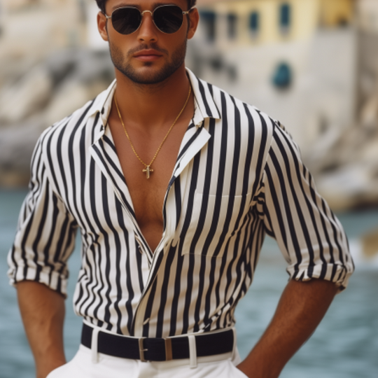 Men's Spring and Summer Fashion Vertical Striped Long Sleeve Shirt 9922016379064