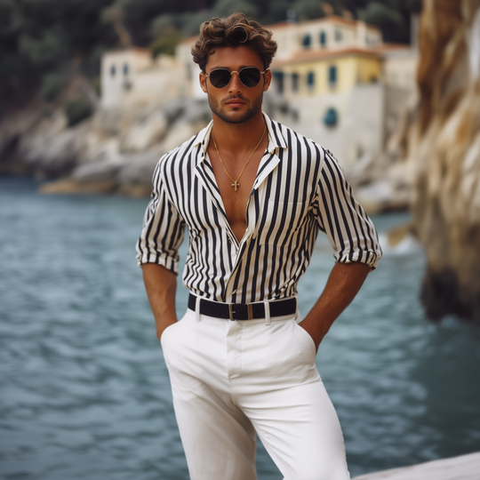 Men's Spring and Summer Fashion Vertical Striped Long Sleeve Shirt 9922016379064