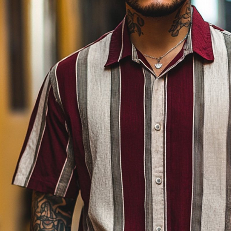 Men's Retro Casual Linen Stripe Print Lapel Short Sleeve Shirt 9922015396024