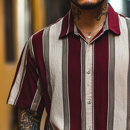 Men's Retro Casual Linen Stripe Print Lapel Short Sleeve Shirt 9922015396024