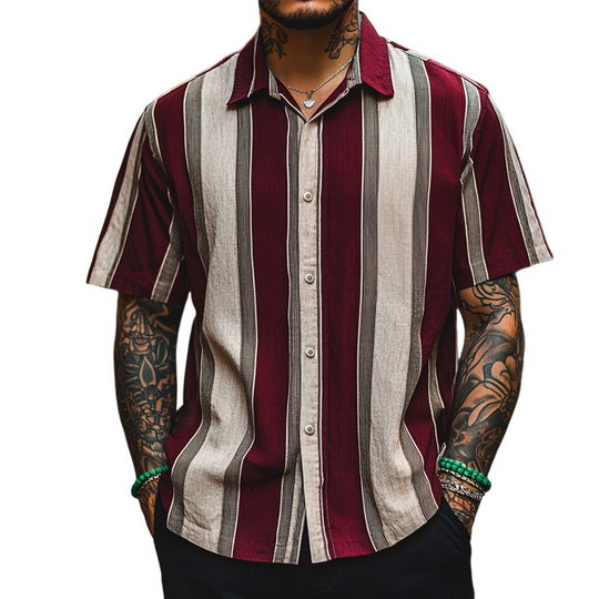 Men's Retro Casual Linen Stripe Print Lapel Short Sleeve Shirt 9922015396024