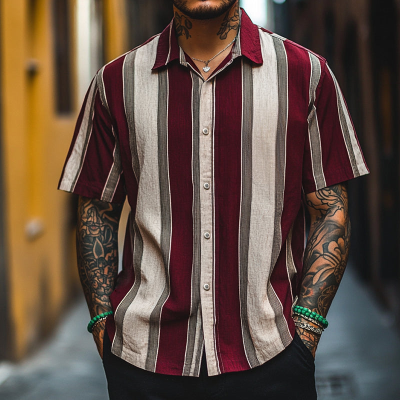 Men's Retro Casual Linen Stripe Print Lapel Short Sleeve Shirt 9922015396024