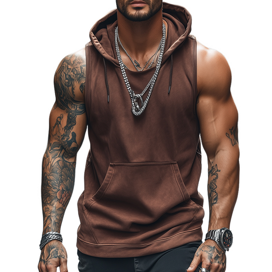 Men's Retro Casual Solid Color Sports Hooded Tank Top 9922015461560
