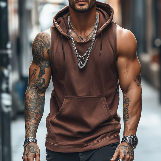 Men's Retro Casual Solid Color Sports Hooded Tank Top 9922015461560