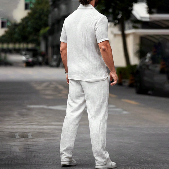 Men's Fashion Solid Textured Lapel Short Sleeve Shirt Trousers Casual Set 9922015723704