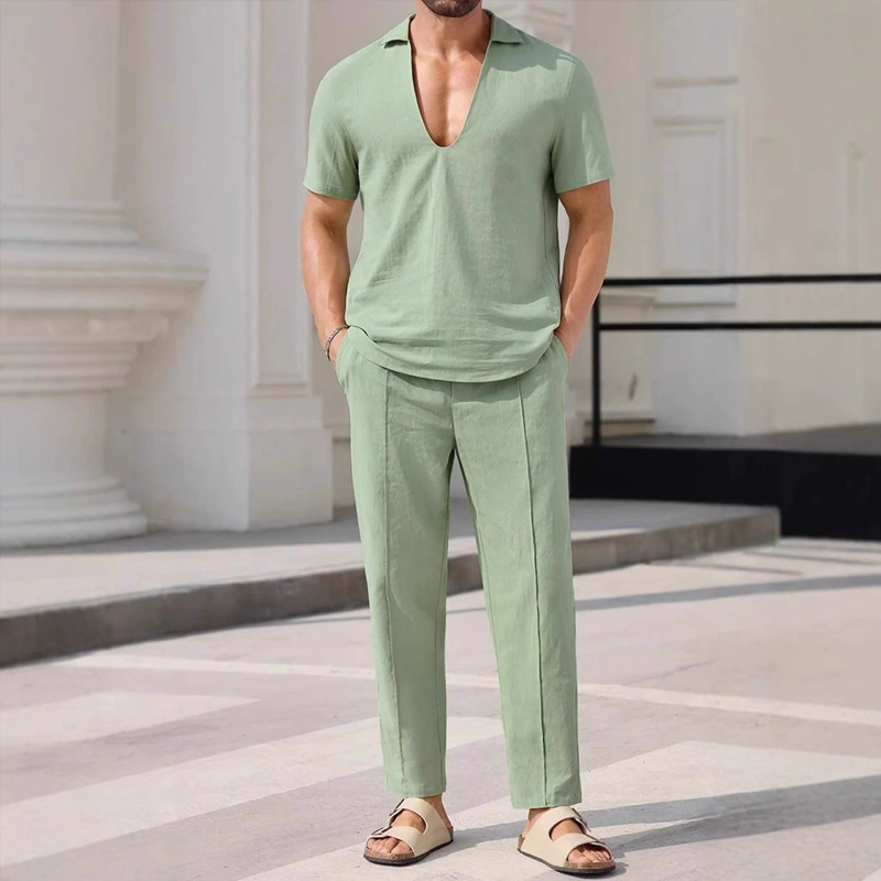 Men's Solid Cotton And Linen Lapel Short Sleeve Shirt Trousers Casual Set 9922015789240