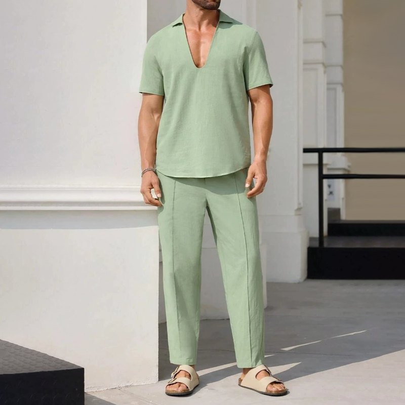 Men's Solid Cotton And Linen Lapel Short Sleeve Shirt Trousers Casual Set 9922015789240