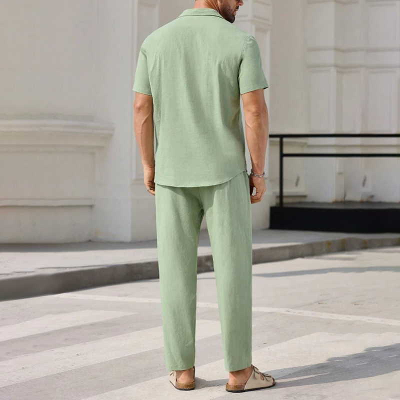Men's Solid Cotton And Linen Lapel Short Sleeve Shirt Trousers Casual Set 9922015789240