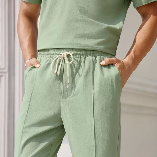 Men's Solid Cotton And Linen Lapel Short Sleeve Shirt Trousers Casual Set 9922015789240