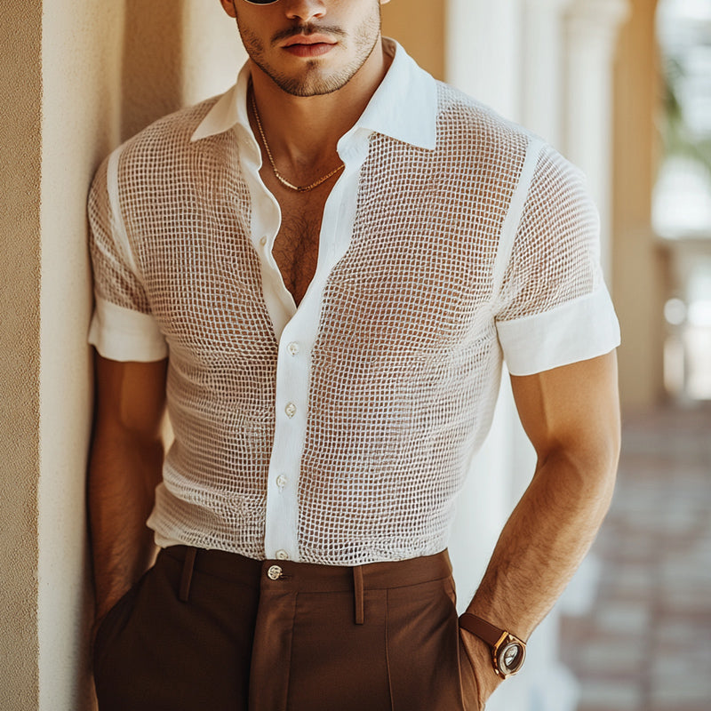 Men's Cool Breathable Mesh White Short Sleeve Shirt 9922014838968
